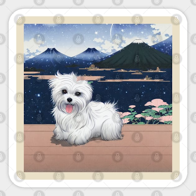 Cute Shih Tzu Maltese Dog Puppy at Japanese Mounts of Fuji Sticker by Mochabonk